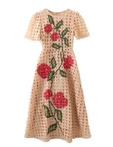 Vestido de Fiesta con Bordado Hueco y Corte Imperio, Línea A, Moda Primavera Verano 2026 para Mujer, con Estampado Floral, Manga Corta, Maxi, Color Albaricoque y Rojo Vino - Product Image 1