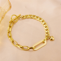 Pulsera de Cadena Mixta Chapada en Oro Real de 18K con Eslabones Ovalados de Acero Inoxidable, Cadena Cubana y Dije de Corazón con Cierre T/O