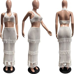 Maglione di moda Sexy estivo in tinta unita da spiaggia senza maniche lunga lunga lunga con nappe gonna a due pezzi da donna due pezzi <span class=keywords><strong>Se</strong></span> - Product Image 3