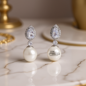 Orecchini pendenti in oro bianco E2080 con diamante taglio marquise e perla imitazione per donna, stile classico da matrimonio - Product Image 2