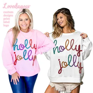 Lovedagear Custom Letter Christmas Crew Neck Glitter Puff Printing Color Block Knitted Sweater Women HOLLY JOLLY Pullover