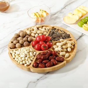 Vassoio divisorio rotondo in bambù e legno piatto a cinque griglie snack frutta secca e <span class=keywords><strong>semi</strong></span> <span class=keywords><strong>di</strong></span> melone per bambini