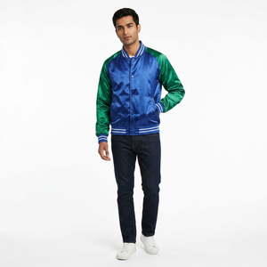 Chaqueta Varsity Personalizada de Primera Calidad en Color Azul Satinado con Mangas Verdes, Estilo Universitario y de Béisbol - Product Image 1