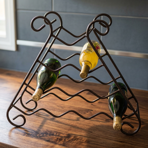 Meilleur support à vin en métal design, porte-bouteilles 10 places avec cadre décoratif à motifs et supports ondulés pour présentation de bar à domicile - Product Image 2