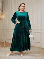 Robe longue en velours pour femmes grandes tailles, col rond, manches longues lanternes, volants superposés, robe de soirée longue HX6213