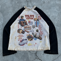 T-shirt personnalisé pour homme à manches raglan longues, imprimé graphique DTG vintage, ourlet brut, style streetwear Y2K, fournisseur de vêtements