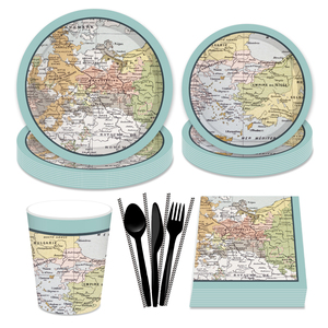 Suministros de decoraciones para fiestas de jubilación con temática de viaje, platos de papel, vasos y servilletas, juegos de vajilla con Mapa Mundial - Product Image 3