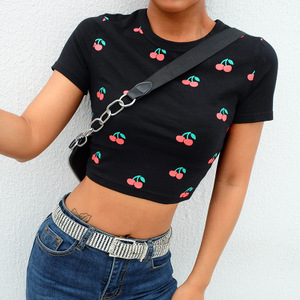 Camiseta de manga corta con ombligo y estampado de cereza <span class=keywords><strong>para</strong></span> <span class=keywords><strong>mujer</strong></span> de <span class=keywords><strong>Amazon</strong></span> transfronterizo europeo y americano New Ins <span class=keywords><strong>para</strong></span> <span class=keywords><strong>mujer</strong></span> - Product Image 2