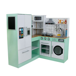 Cuisine d'angle moderne en bois pour enfants avec réfrigérateur intelligent, four, cuisinière, évier et machine à laver, ensemble de jeu d'imitation Montessori - Product Image 1