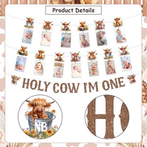 Striscione per il primo compleanno 'Holy Cow Im One Highland Cow' e striscione fotografico mensile per decorazioni per baby shower e compleanni - Product Image 5