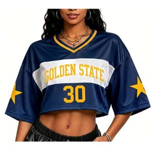 Tailgate Party Mesh Jersey <strong>Crop</strong> <strong>Top</strong> Women <strong>Golden</strong> State Team Fan Wear Sporty Girl Y2K Streetwear Drop Shoulder Jersey T Shirt - Product Image 6