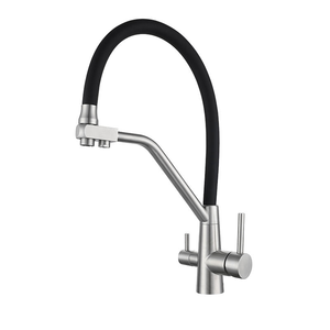 Robinet de cuisine moderne en acier inoxydable extractible avec purificateur d'eau 3 voies, cartouche céramique, 2 poignées, montage sur plan - Product Image 1