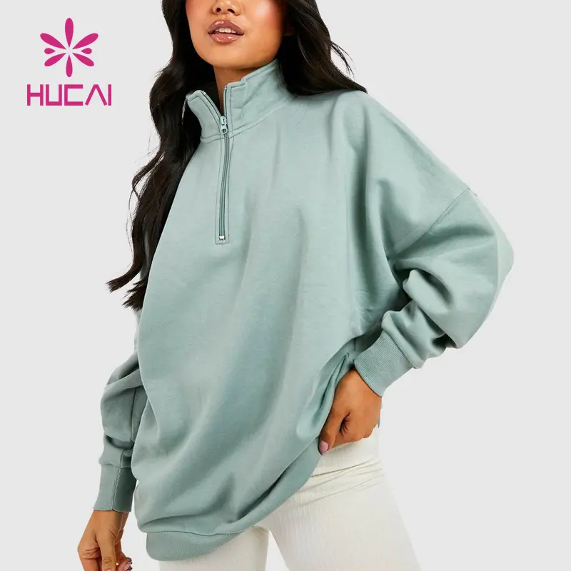HUCAI custom logo Women recycled Sportswear fleece cotton fitness sports gym half zip oversized sweater sweatshirt for women