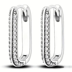 Eleganti Orecchini a Cerchio in Argento 925 con Diamanti Rotondi Incastonati a Canale, Placcati in Rodio, Stile Classico per Uso Quotidiano Femminile - Product Image 1