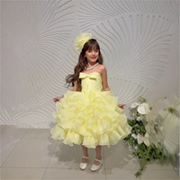 Robe mi-longue bouffante en organza à volants multicouches avec corsage à nœud pour filles, avec pince à cheveux fleur assortie, costume de princesse pour fête d'anniversaire