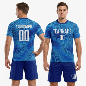 ชุดเสื้อฟุตบอลแบบซับลิเมชั่นสั่งทำพิเศษสำหรับผู้ชาย สีน้ำเงิน แขนสั้น โพลีเอสเตอร์ 100% ระบายเหงื่อได้ดี ทรงแอธเลติก ป้องกันรังสียูวี ระบายอากาศได้ดี แห้งเร็ว - Product Image 1