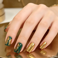 Ongles press-on brillants effet craquelé chrome vert, ongles courts carrés effet miroir, ongles acryliques réutilisables, lot de 24 pièces pour salon