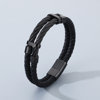 Bracelet de luxe à deux couches en cuir tressé et câble d'acier pour homme, avec fermeture magnétique, ornement de poignet