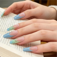 Ongles à presser en PMMA avec logo personnalisé, rose nude et bleu, forme cercueil longue avec strass, vente en gros OEM