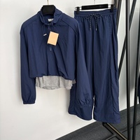 Ensemble de survêtement en toile pour femme, coupe-vent à demi-zip, pantalon large, haut court superposé, broderie de lettres, style décontracté