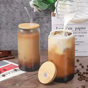 Gelas Bir Sublimasi Beku 20Oz, Gelas Minum Kaca Kaleng dengan Tutup Bambu dan Sedotan Lurus Jernih