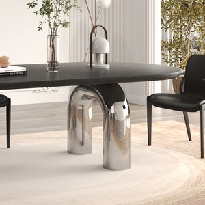 Table à Dîner Rectangulaire en Bois Massif à Hauteur Standard ou Table Fixe à Dîner en Marbre Onyx avec Pieds en Double Arc - Product Image 3