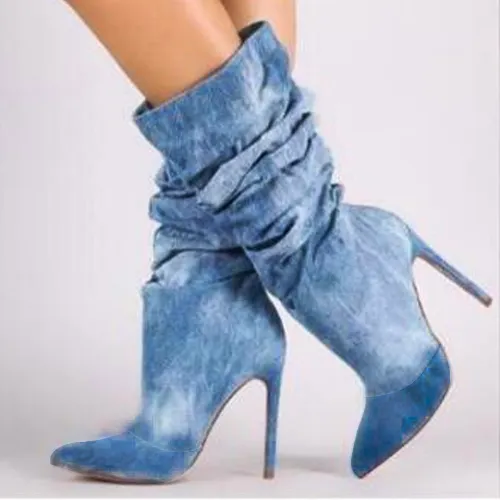 Scarpe invernali da donna taglie forti stivali da donna a metà polpaccio a pieghe tacchi alti scarpe da donna Sexy con punta a punta scarpe da donna