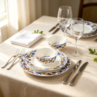 Service de table en porcelaine 16 pièces, assiettes 10/8 pouces, bols 4,3 pouces, cuillères, glaçure lisse, décalcomanie personnalisée, logo doré