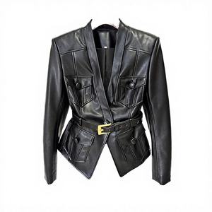 Chaqueta de Motocicleta de Cuero Genuino Migugarment para Otoño/Invierno, Chaqueta de Moda para Mujer con Cuello Camisero, Mangas Largas y Corte Ajustado - Product Image 4