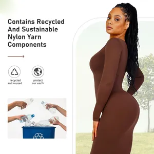 Hexin Custom Groothandel Milieuvriendelijke Naadloze V-Hals En Vierkante Hals Lange Mouw Shaper Jurk Vrouwen Shapewear Bodycon Jurk 2023