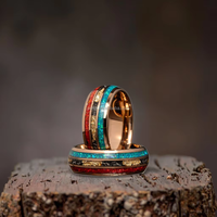 POYA Jewelry Bague en tungstène tendance de 8mm en or rose avec incrustation d'opale bleue et rouge et feuille d'or pour cadeau de fiançailles de mariage ou fête