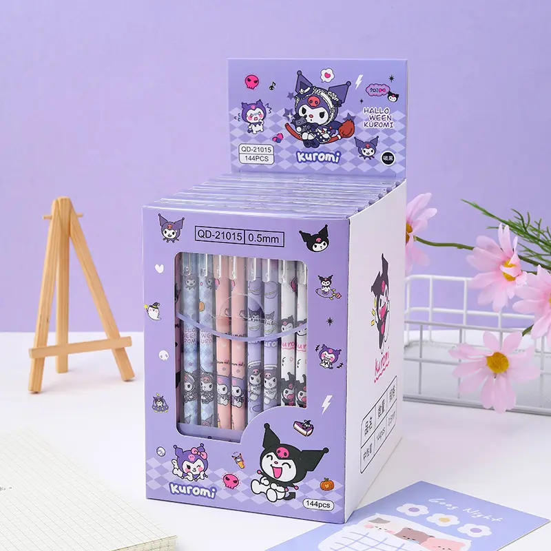 وصل حديثًا قلم كيكيني Pochacoo Kt Cat Kuromi Kawaii Press Gel للأطفال مكون من 12 قطعة/المجموعة من أقلام كارتون ميلودي مع كينال للأطفال