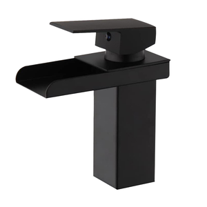 Moderner Mattschwarzer Edelstahl Wasserfall-Waschtischmischer mit Einhebelmischer für Warm- und Kaltwasser, Einlochmontage für Aufsatzwaschbecken - Product Image 1