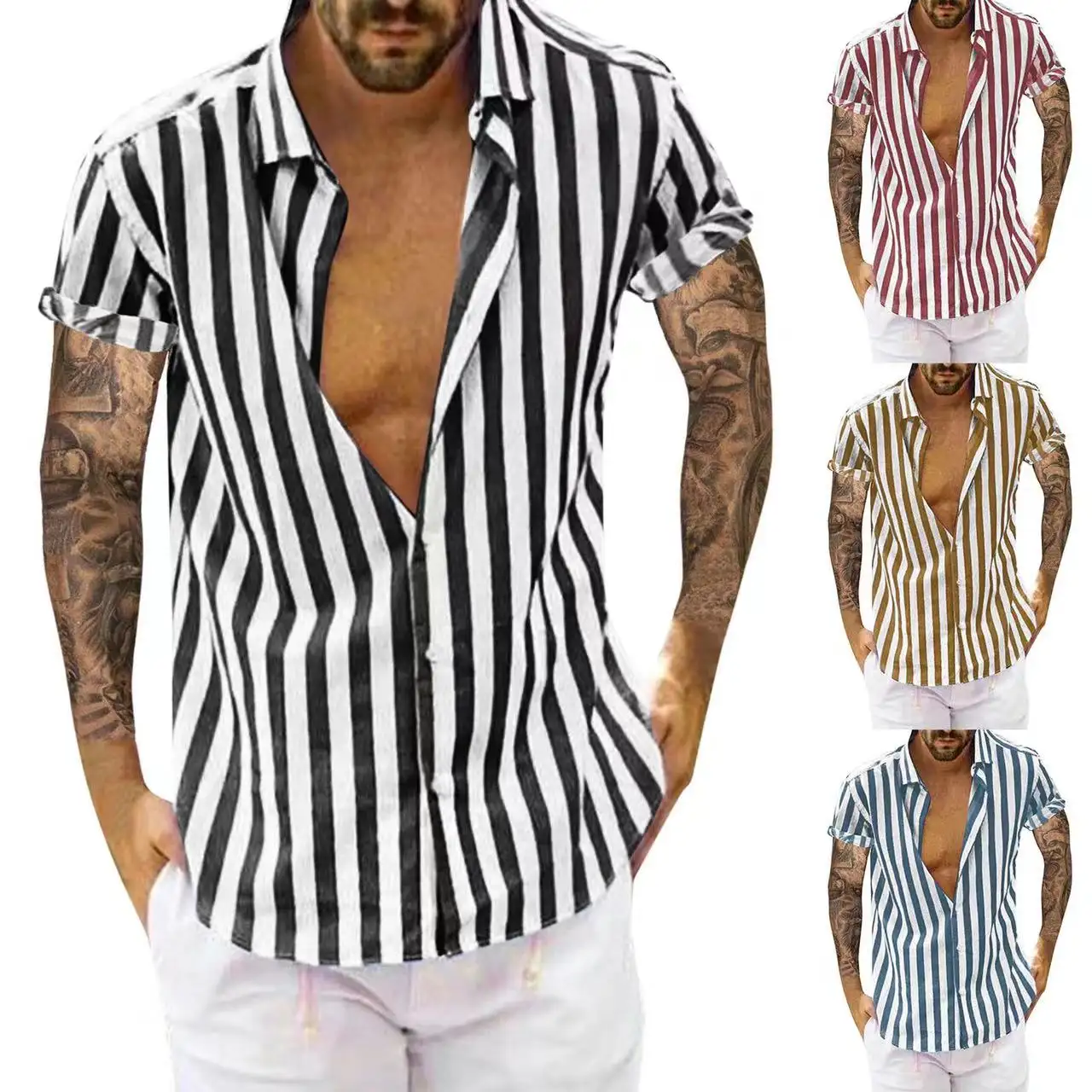 2022 foreign trade new summer men's European and American big stripe printed short-sleeved shirts fashion casual men's clothing
