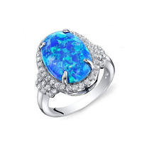 Nouvelle conception, bague de fiançailles en argent sterling 925, bijoux en argent charmants, grande taille, coupe ovale, opale bleue synthétique, halo