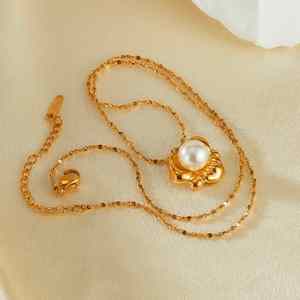 French Style Stainless Steel Gold Plated Pearl Bead <b>Statement</b> <b>Necklace</b> for Women Fashion Jewelry Link Chain Flower Shape - Product Image 2