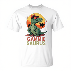 T-shirt Gammiesaurus Dino avec motif coucher de soleil tropical, unisexe, col rond, manches courtes, impression numérique - Product Image 3