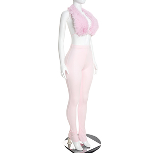 Viviblook J26ST383 Ensemble femme automne nouveau sexy sans manches dos nu haut en fourrure pantalon slim deux pièces - Product Image 3