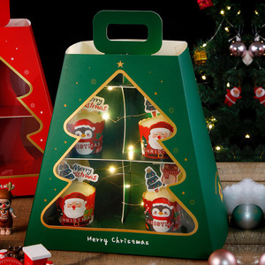 2022 Kerst Draagbare <span class=keywords><strong>2</strong></span> Tier Cake Tray Clear Window Afternoon Tea Papier Cup Cake Stand Set Dessert Verpakking Papier Doos - Product Image 6