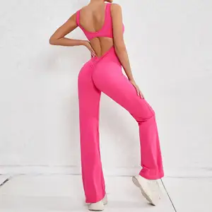 Women's 8 Colors XS-XL Classic Long Flared Leggings Dance Jumpsuit Sexy Back Hollowed Scrunch Butt Yoga Jumpsuit 2024