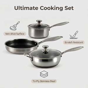 Ensemble <span class=keywords><strong>de</strong></span> 5 casseroles et poêles en acier inoxydable 3 plis, motif nid d'abeille, compatibles induction, avec couvercles en verre classiques, vente en gros OEM - Product Image 1
