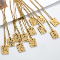 Collier pendentif carte de tarot en acier inoxydable, breloque carrée plaquée or avec symboles du zodiaque, bijoux spirituels, collier de tarot