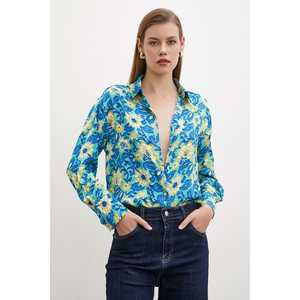 Chemise boutonnée à motif lotus pour femme, imprimé floral bleu, popeline, style décontracté pour tous les jours - Product Image 6
