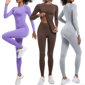 YIYI Lulu Slim Fit 2 Piece Yoga Gym Outfits Ski Suit Seamless Ribbed Leggings Dengan Atasan Lengan Panjang Set Olahraga untuk Wanita - Product Image 1