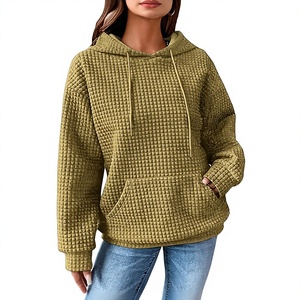 Sudadera con Capucha de Punto Waffle para Mujer, MOQ Bajo, Envío Inmediato, Negra, Oversize, Texturizada, con Bolsillo, Etiqueta Personalizada, Venta al por Mayor - Product Image 1