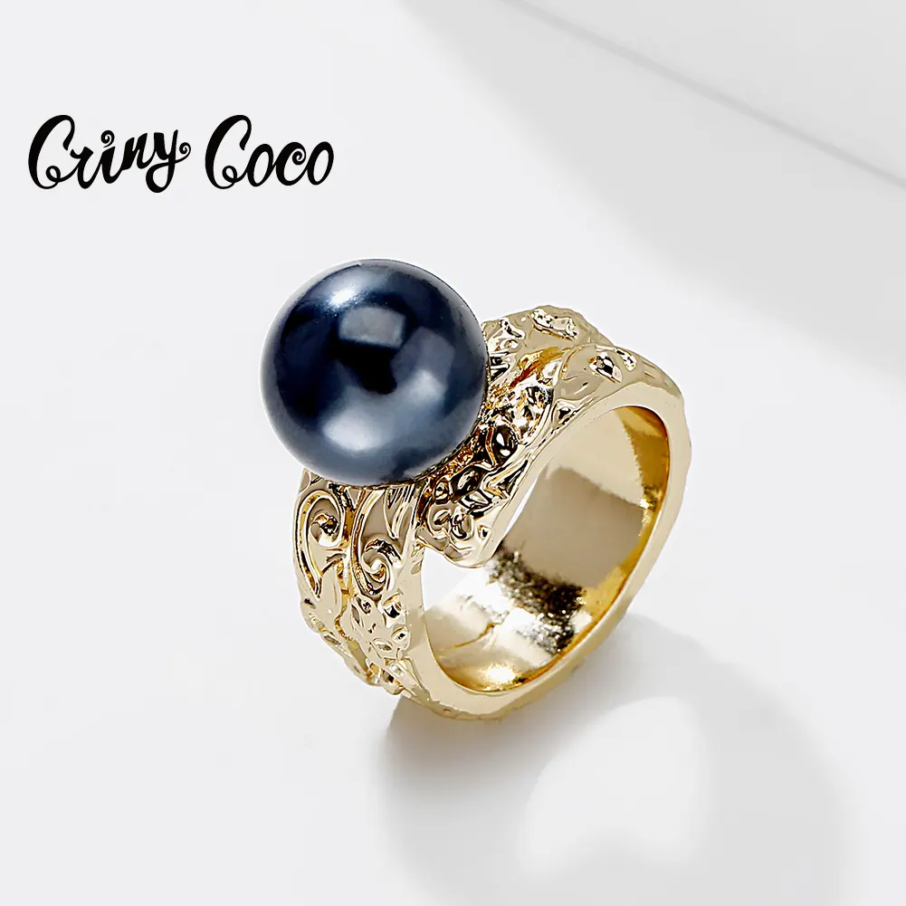 Cring CoCo สีสันแฟชั่นคริสตัล14K ชุบทองเครื่องประดับ Black Pearl Hawaiian แหวนสำหรับงานแต่งงาน