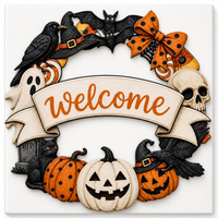 Light Farmhouse Welcome Halloween Wreath Wall Art Gallery Kanvas Cetak Berlapis Latar Belakang Putih Dekorasi Liburan Teras Labu Lucu