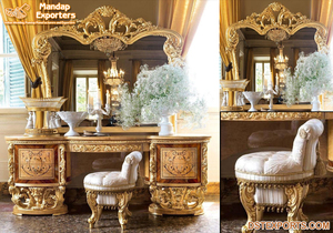 Tocador de madera de teca pulida real, conjunto de tocador de estilo europeo tallado pesado, mesa de madera tallada para el hogar - Product Image 2