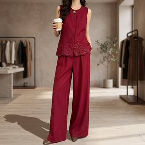 Conjunto de Pantalones Anchos con Encaje Rojo sin Mangas para Mujer, Cuello en V, Corte Holgado, Ropa Formal de Primavera, Antiarrugas, Poliéster/Algodón - Product Image 4