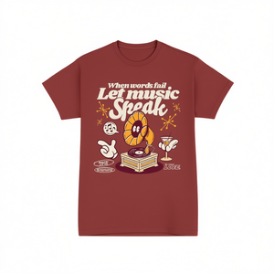 T-shirt Let Music Speak, maglietta promozionale con grafica color marrone - Product Image 2